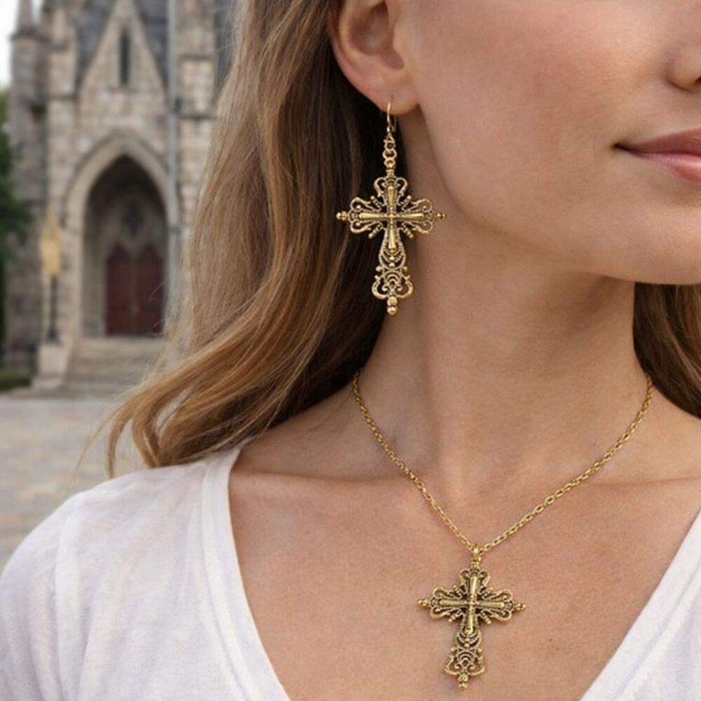 Antique Gold NEW Christian Cross Jewelry Set Earrings + Necklace Lightweight NWT